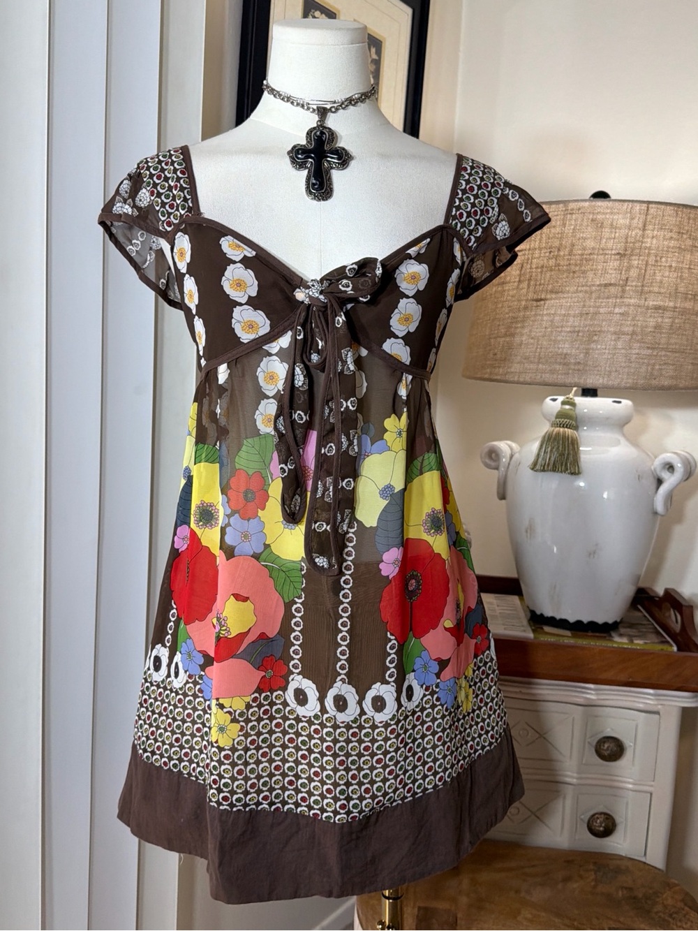 Forever 21 Brown Floral Tie-Front Babydoll with Multicolor Blooms